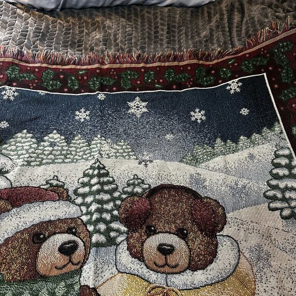Christmas Teddy Bears Blanket Throw Fringe 58x26” - Picture 3 of 7